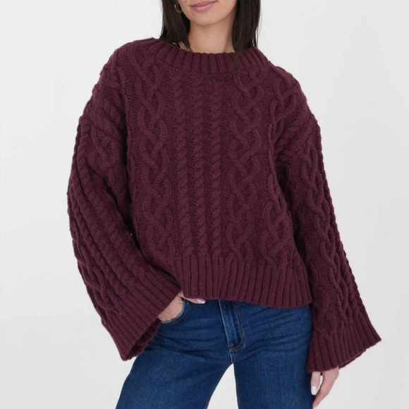 Grey Bandit Jacie Maroon Oversized Cable Knit Cropped Heavy Wide Cuff Sweater S - Picture 1 of 10